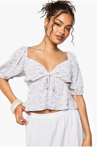 Woven Floral Print Puff Sleeve Smock Top - lilac