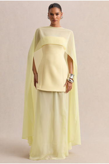 Chessa | Lemon Boat-Neck Maxi Dress With Sheer Cape