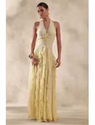 Bea | Lemon Plunge-Neck Ruffled Maxi Dress