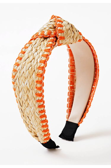 Bowknot Raffia Whipstitch-Trimmed Hair Headband in Orange