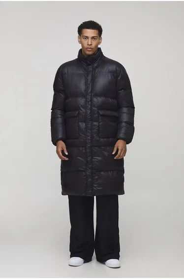 Regular Fit High Shine Longline Puffer Jacket - black