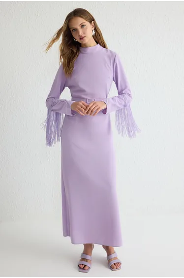 Lilac Tassel Detail Woven Evening Dress