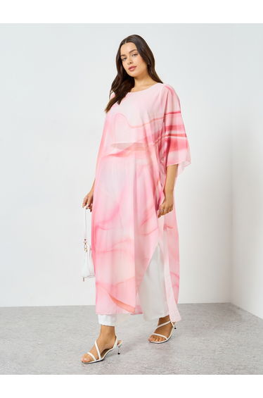 Pink Marble Print Side Slit Dress with Wide Leg Pants Co-Ords