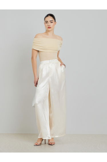 Cream Shiny Wide Leg Trousers
