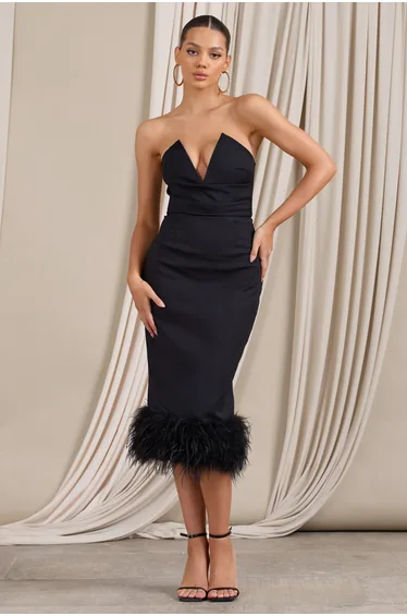 Kensington | Black Bodycon Midi Dress With Statement Feather Trim