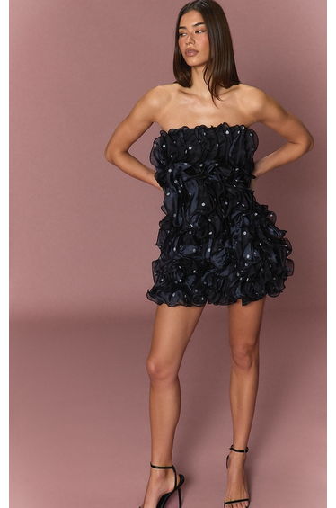 Black Polka Dot Extreme Frill Bandeau Mini Dress
