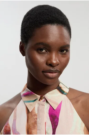 Petite Marble Print Cotton Collared Halterneck Woven Midi Shirt Dress With Dropped Waist Detail