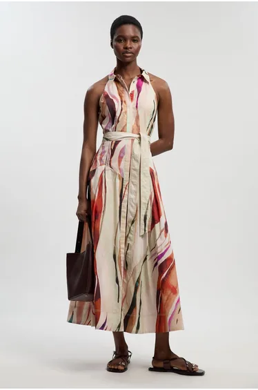 Petite Marble Print Cotton Collared Halterneck Woven Midi Shirt Dress With Dropped Waist Detail