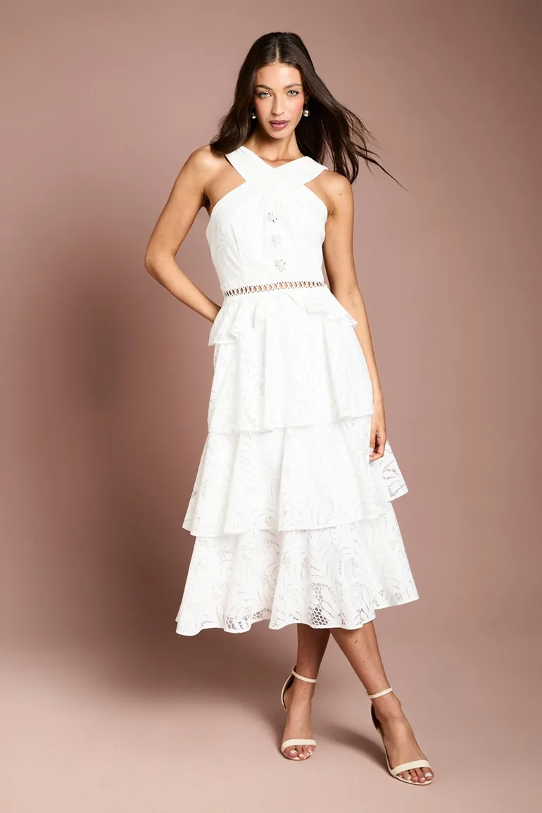 Tiered Lace Cross Halter Neck Button Detail Midi Dress