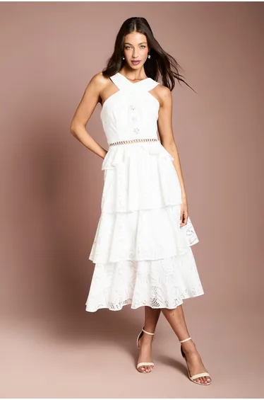 Tiered Lace Cross Halter Neck Button Detail Midi Dress