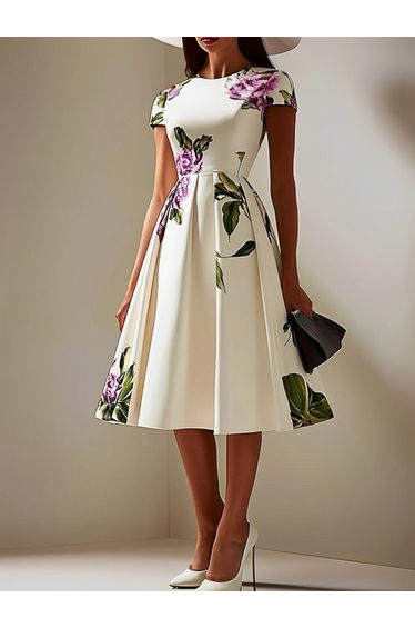 A-Line High Waisted Flower Print Pleated Round-Neck Midi Dresses