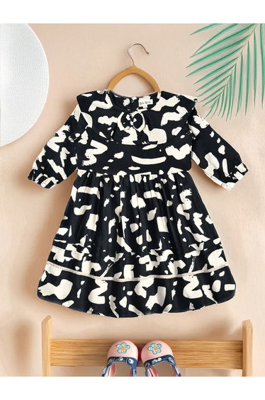 All-Over Abstract Print Ruffle Trim Cotton Dress