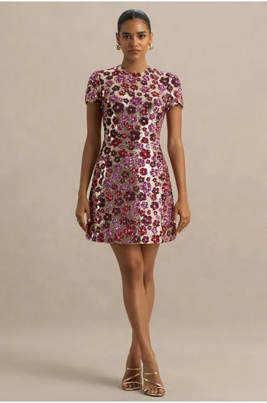 Eira | Pink Floral Sequin Crew-Neck Mini Dress