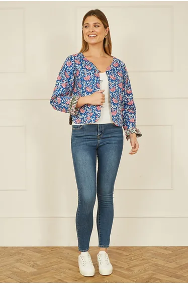 Yumi Blue Floral Reversible Cotton Quilted Jacket