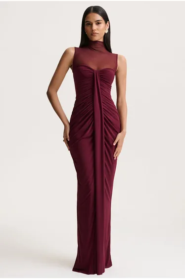 Brialle | Burgundy High-Neck Maxi Dress With Mesh And Gathered-Detailing
