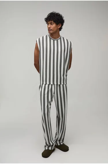 Oversized Boxy Drop Shoulder Stripe Tank & Jogger Set - forest