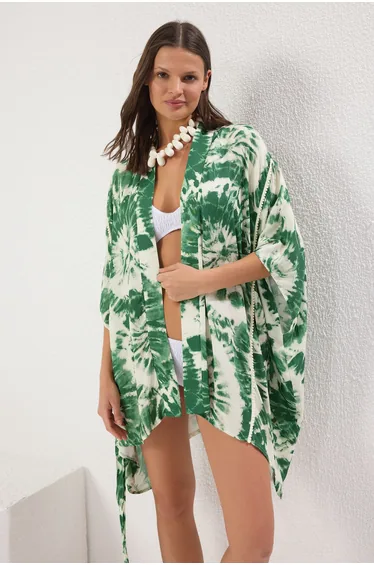 Abstract Patterned Mini Woven Belted Beach Kimono&Caftan