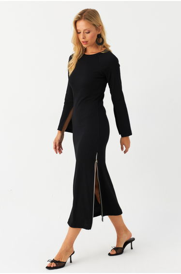 Women's Black Zip-Up Slit Camisole Midi Dress product thumbnail 3