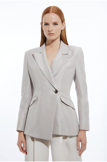 Fluid Tailored Metallic Asymmetric Wrap Blazer