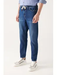 Men's Blue Lace-Up Jeans with Elastic Waist - 1