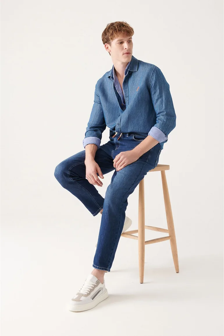 Men's Blue Lace-Up Jeans with Elastic Waist
