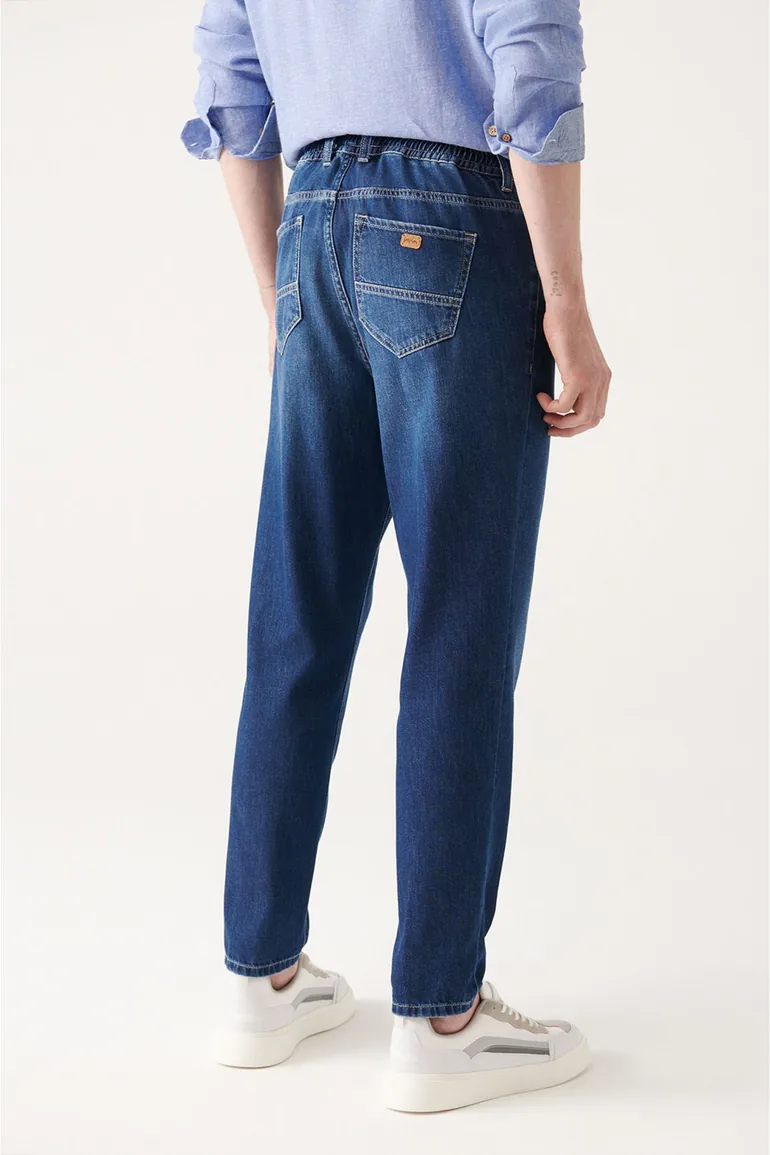 Men's Blue Lace-Up Jeans with Elastic Waist - 2