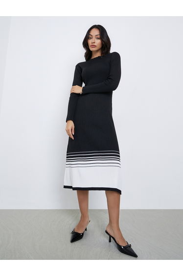 Color Block Long Sleeves Sweater Midi Dress