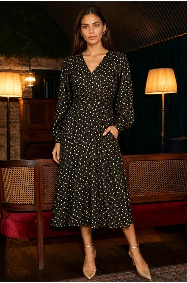 Yumi Black Foil Print Midi Dress