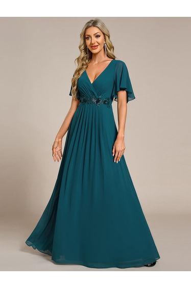ever IVYROSE|Ruffles Sleeve A-Line Chiffon Waist Applique Maxi Formal Evening Dress