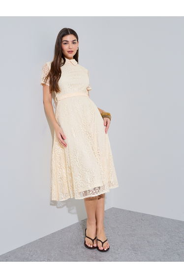 Cream Lace A-Line Midi Dress with Tie-Belt