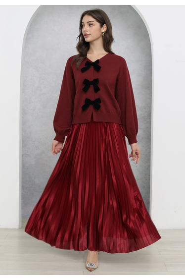 Ladylike Grace Pleated Sheen Maxi Skirt in Red