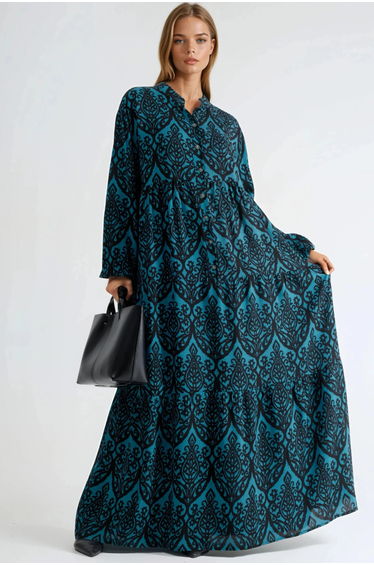 Comfort Fit Patterned Maxi Dress with V-Neck