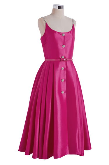 Rhinestone Straps Button-Up Pleated Midi Dress in Hot Pink for Cocktail Gathering & Tea Party