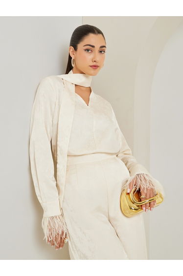 Off White Floral Jacquard Blouse with Scarf Detail