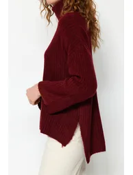 Claret Red Wide Fit, Soft Textured Turtleneck Knitwear Sweater - 4