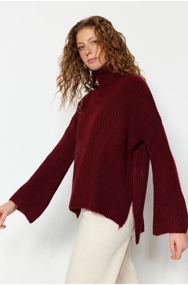 Claret Red Wide Fit, Soft Textured Turtleneck Knitwear Sweater
