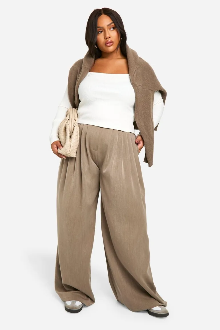 Plus Extreme Wide Leg Pleated Trouser - taupe - 2
