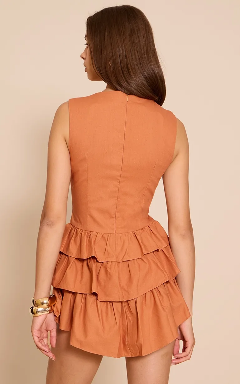 Rust Linen Look Frill Playsuit - 1