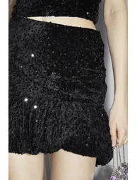Black Velvet-Sequin Puffball Mini-Skirt - 3