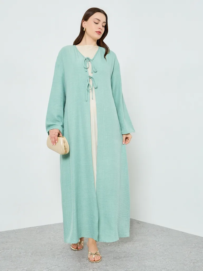 Women Green Front Double-Tie Kimonos - 2