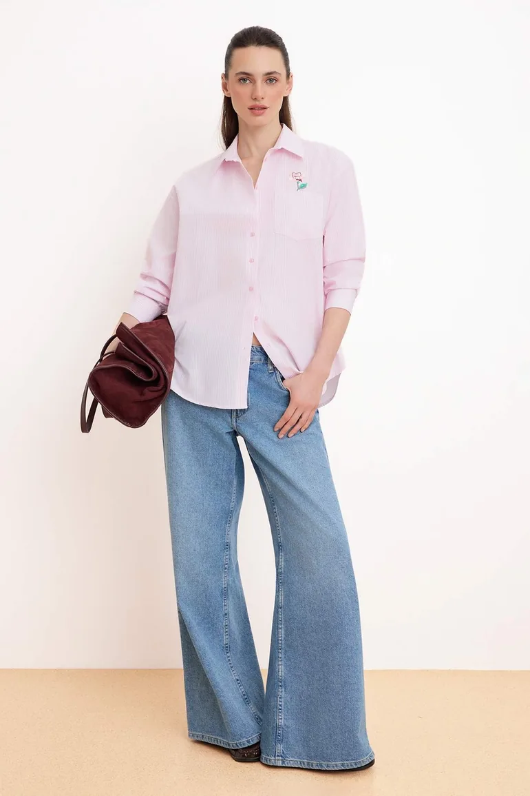 Pink Striped Embroidery Detailed Oversized Shirt - 1