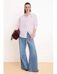 Pink Striped Embroidery Detailed Oversized Shirt - 1