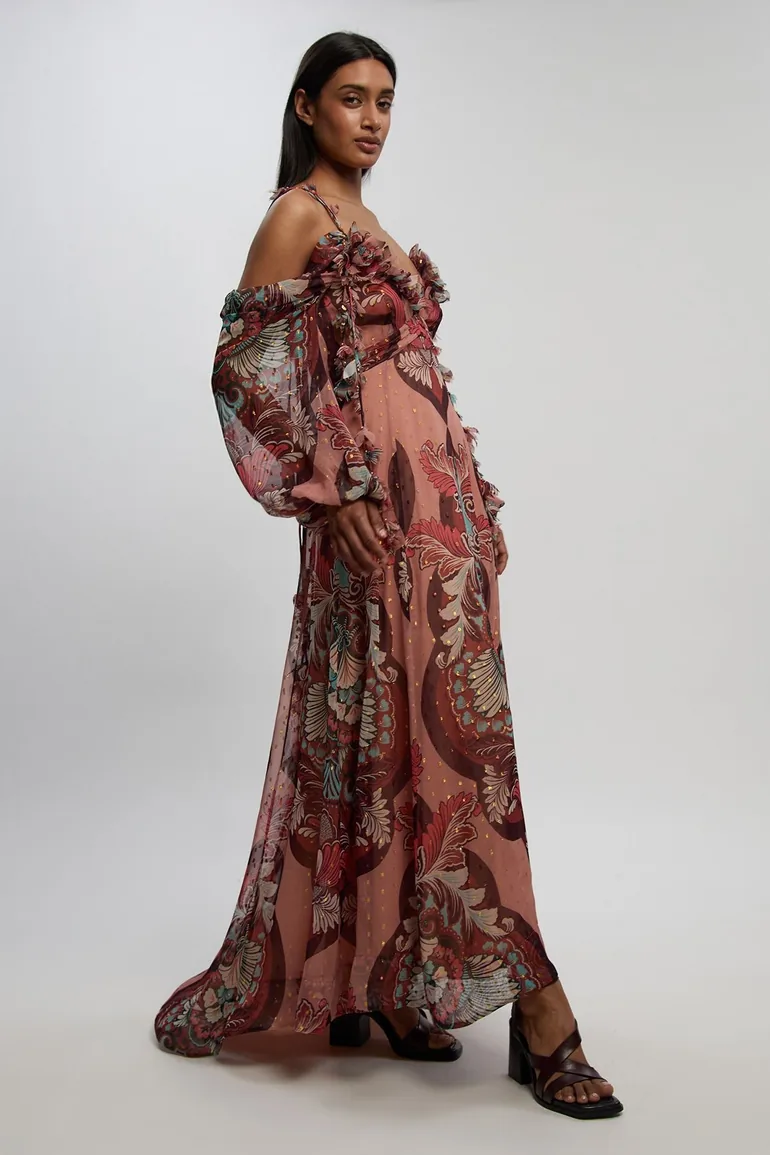 Petite Metallic Thread Printed Cold Shoulder Woven Maxi Dress