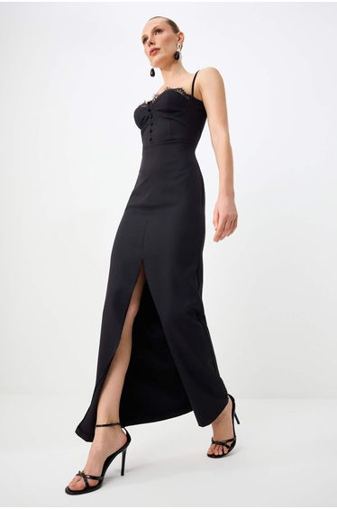 Black Plain Woven Finike Maxi Evening Dress & Homecoming Dress product thumbnail 2