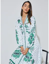 White All Over Print Shirt Midi Dress - 1