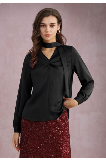 Ribbon V-Neckline Twist Detail Satin Top in Black product thumbnail 2