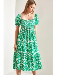 Women's Patterned Flare Dress with Gipe Waist - 5