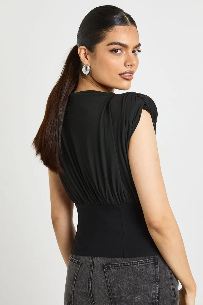 Mesh & Bengaline Boning Detail Hook & Eye Corset - black - 1