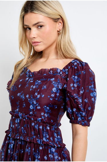 DP Luxe Chocolate Floral Ditsy Printed Organza Frill Detail Puff Sleeve Maxi Dress product thumbnail 3
