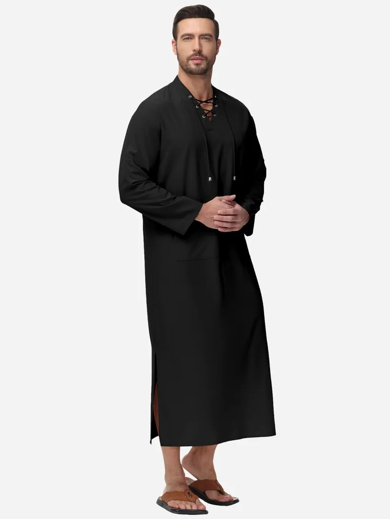 Solid Drawstring Long Sleeve Pocket Detail Robe - 2